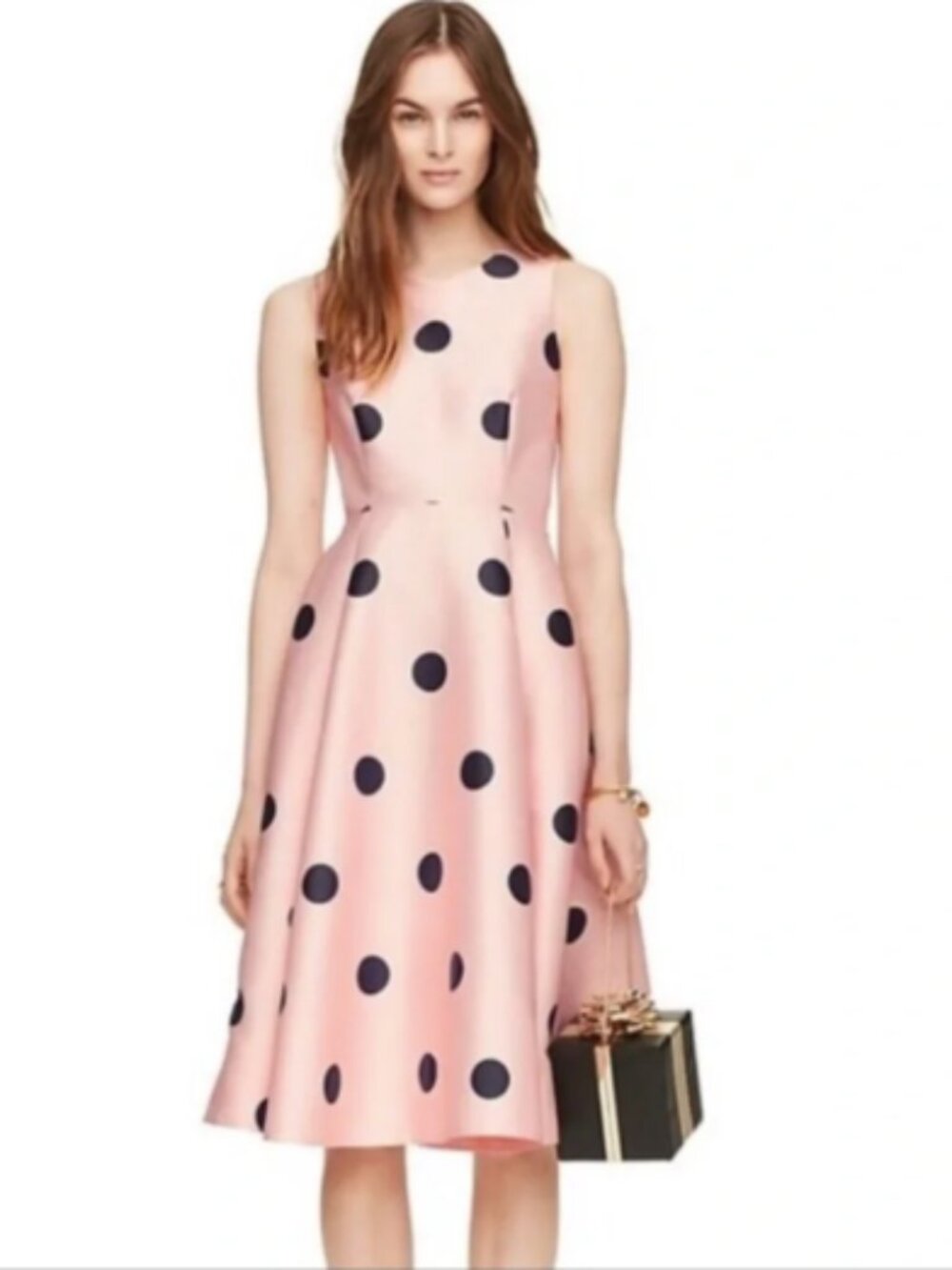 Kate Spade pink and black polka dot tea length fit and flare dress